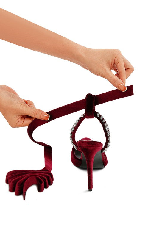 Velvet Diamante Tie Up High Heeled Sandals - Body By J'ne