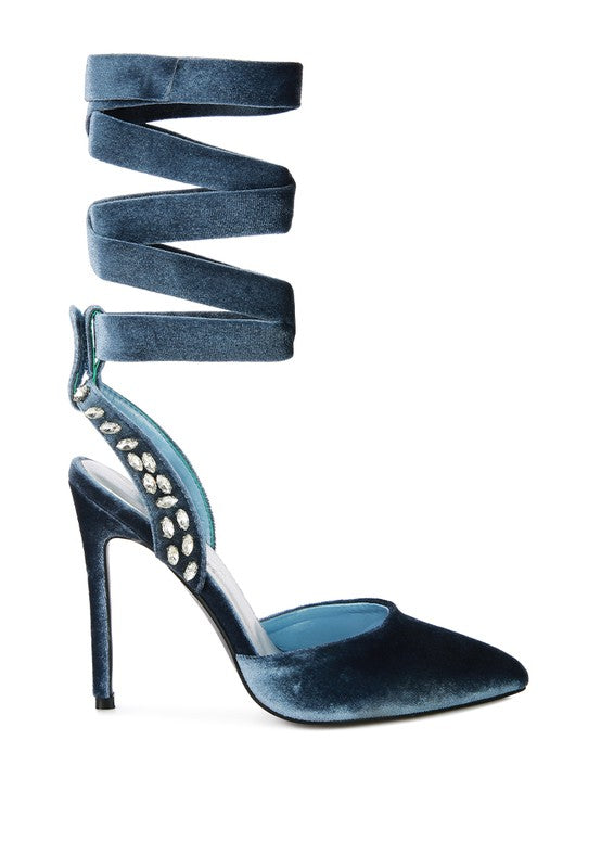 Velvet Diamante Tie Up High Heeled Sandals - Body By J'ne