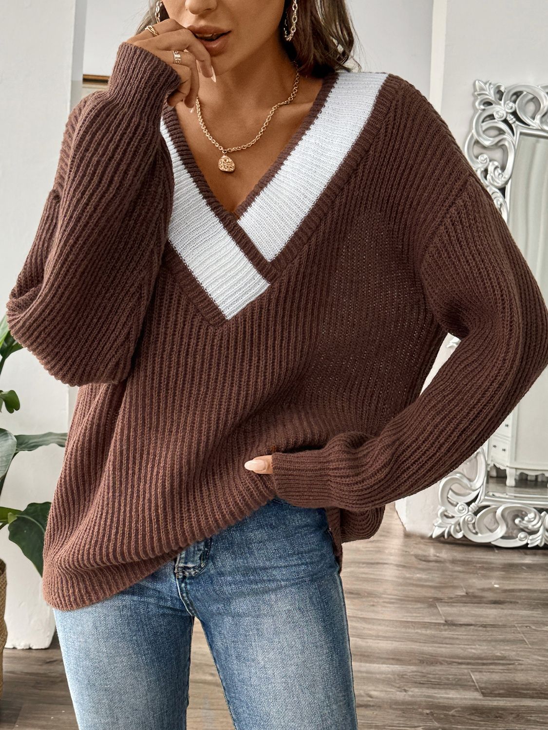 Contrast Dropped Shoulder Long Sleeve Sweater - Body By J'ne