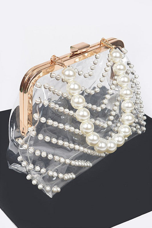 Pearl Studs Handle Cleared Transparent Clutch