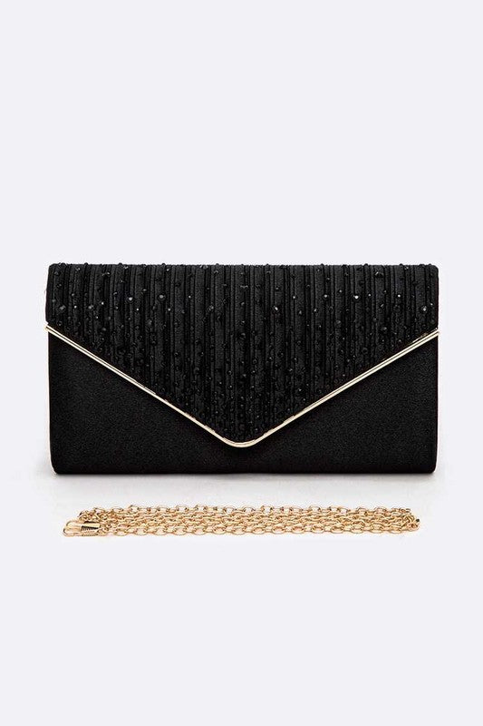 Crystal Pave Pleated Satin Clutch Bag