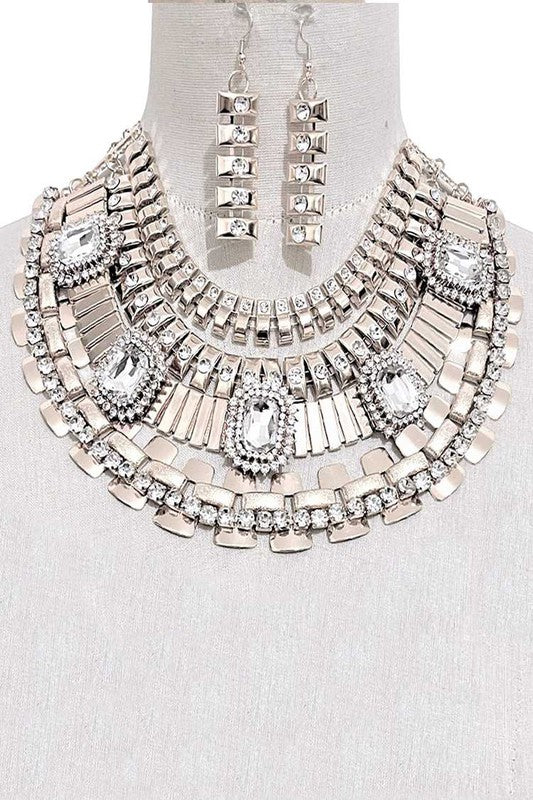 Bejewel Metal Layer Bib Necklace Set