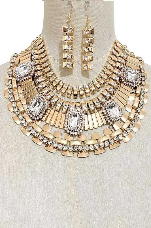 Bejewel Metal Layer Bib Necklace Set - Body By J'ne