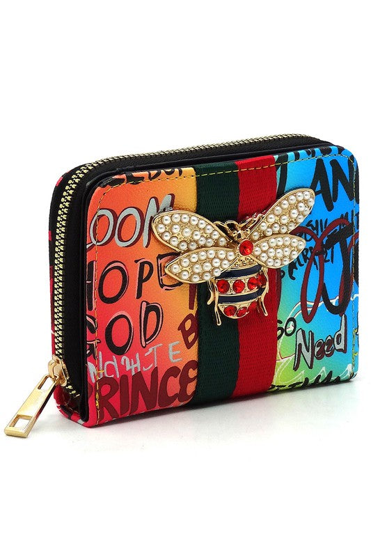 Multi Graffiti Print Queen Bee Stripe Wallet - Body By J'ne