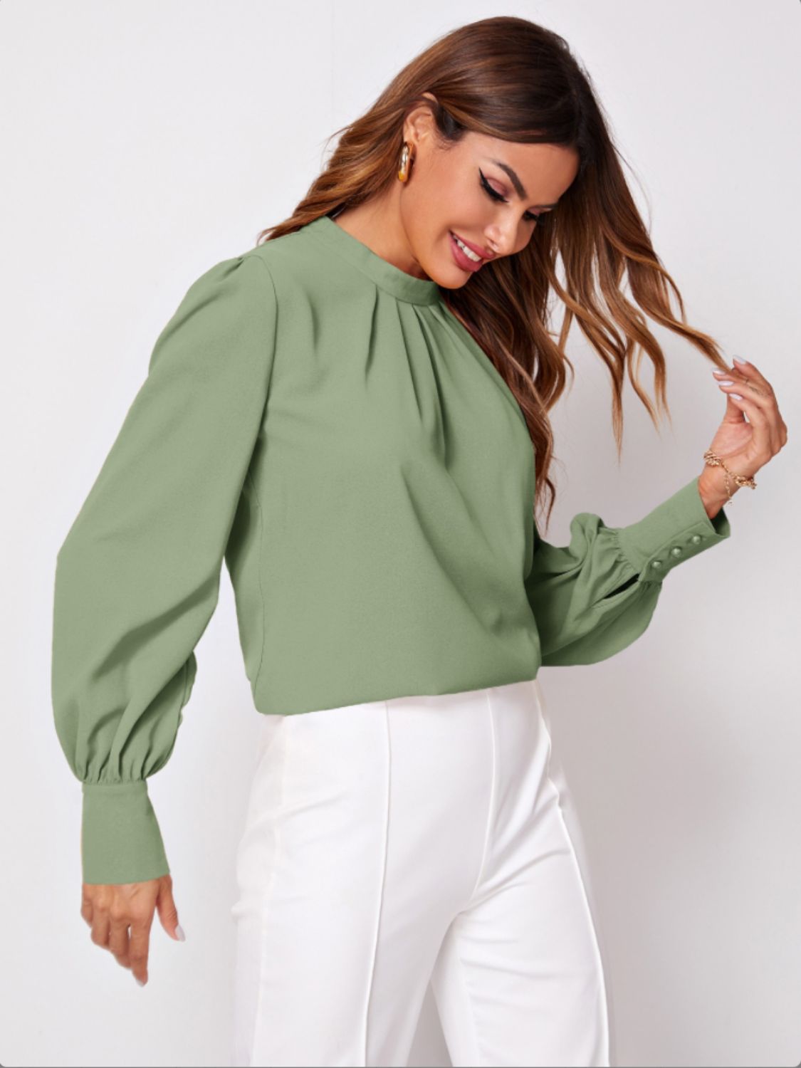 Ruched Mock Neck Long Sleeve Blouse - Body By J'ne