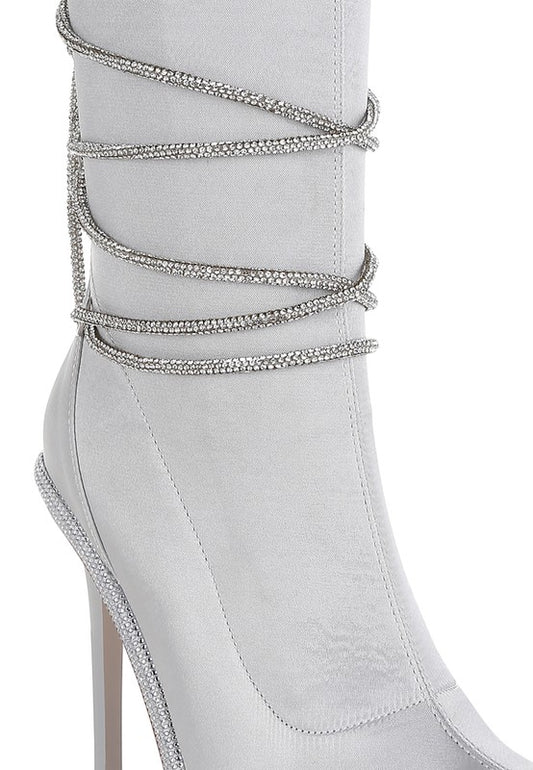 Dacia Rhinestones Strap Satin Calf Boots - Body By J'ne