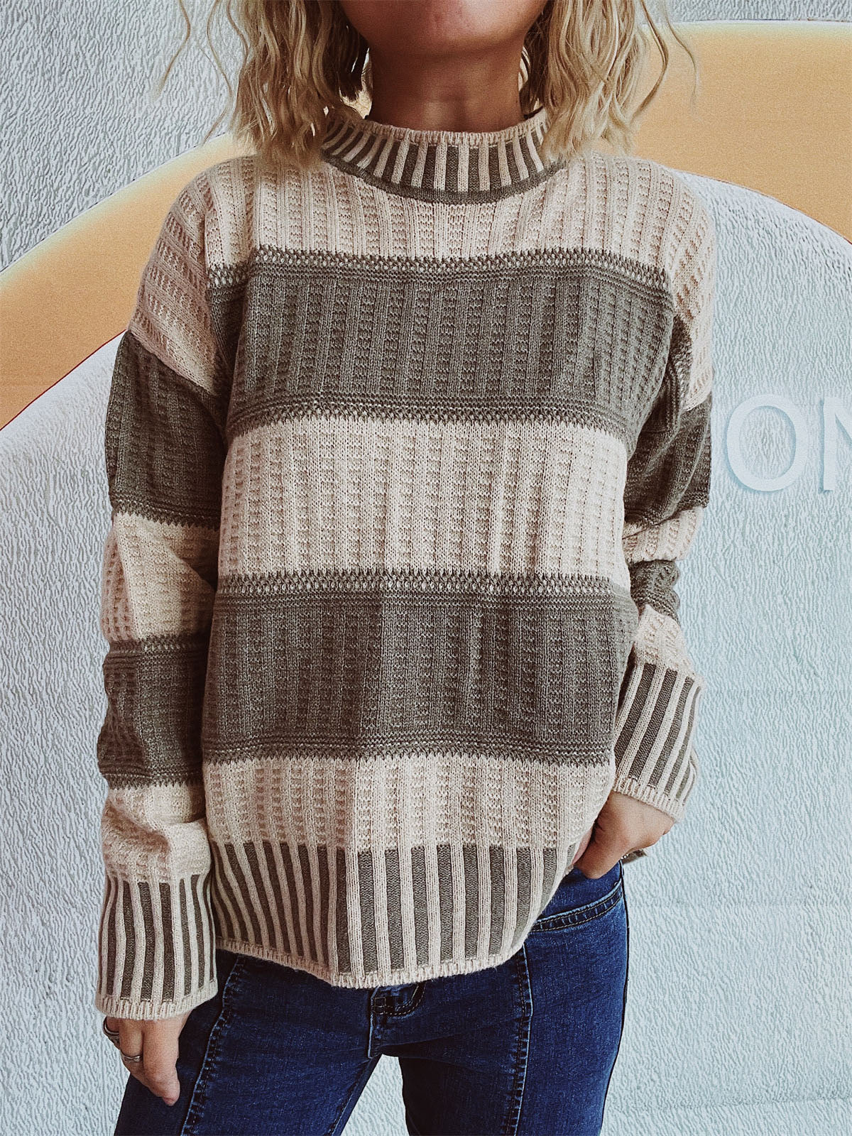 Contrast Round Neck Long Sleeve Sweater - Body By J'ne