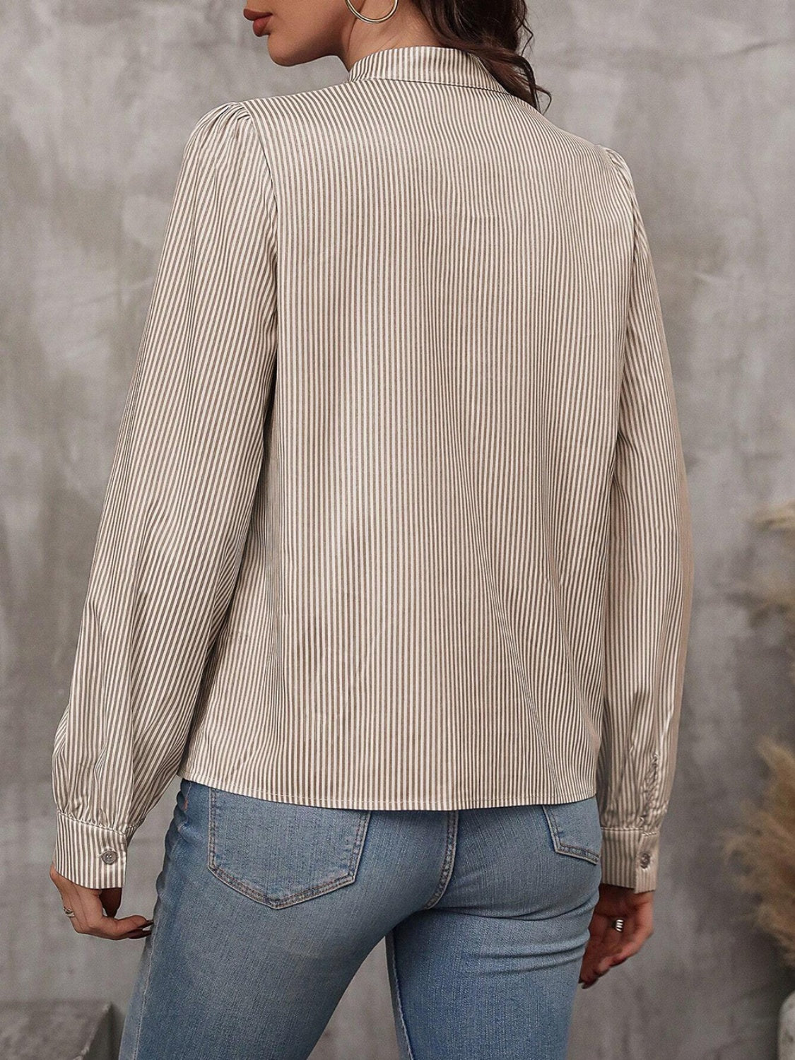 Striped Tie Neck Long Sleeve Blouse - Body By J'ne