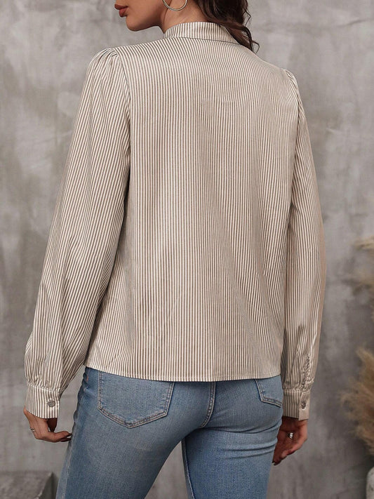 Striped Tie Neck Long Sleeve Blouse - Body By J'ne