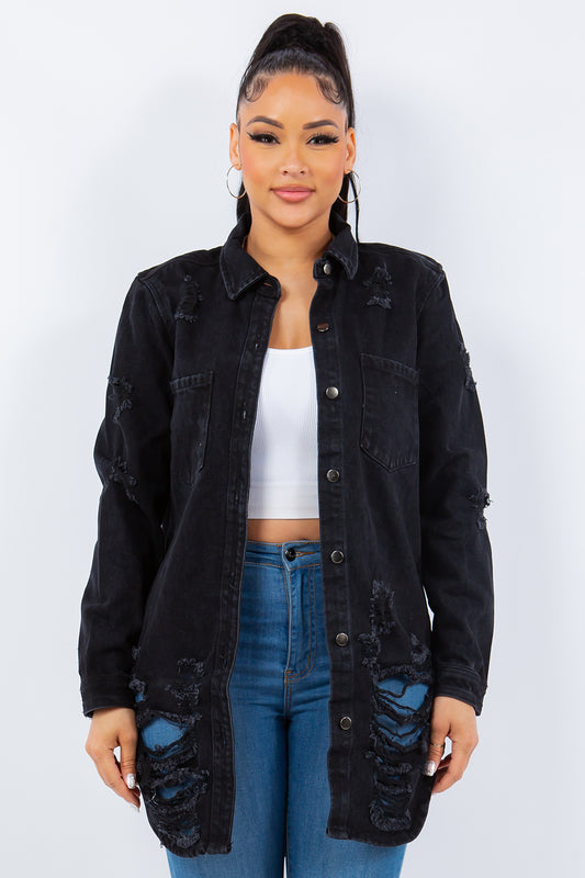 Distressed Button Up Long Sleeve Denim Jacket