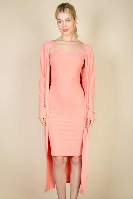 Ribbed Cardigan & Cami Midi Bodycon Dress - Body By J'ne