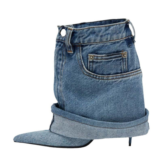 Pointed-toe Washed Denim Pantskirt Stiletto Ankle Boots - Body By J'ne