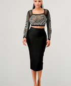 Sexy Mesh Beaded Two Piece Midi Skirt Set