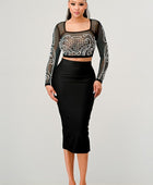 Sexy Mesh Beaded Two Piece Midi Skirt Set