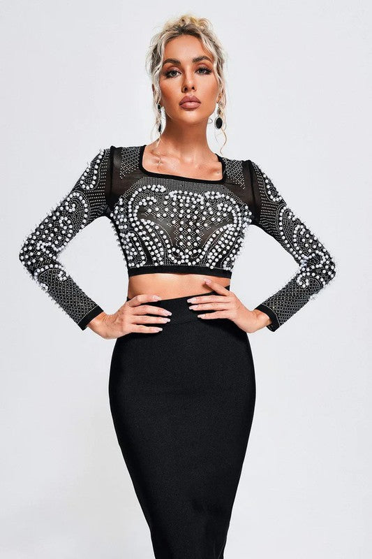 Sexy Mesh Beaded Two Piece Midi Skirt Set