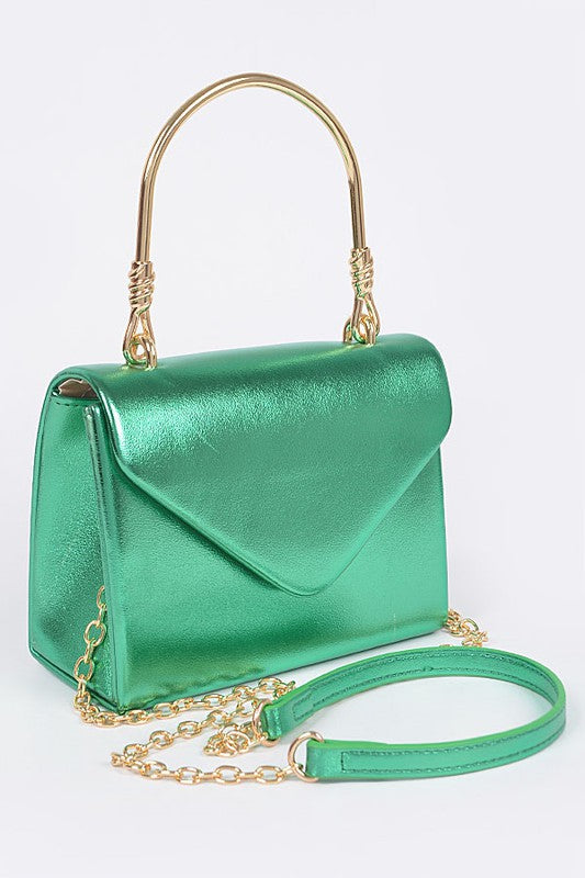 Metallic Top Handle Crossbody Swing Clutch