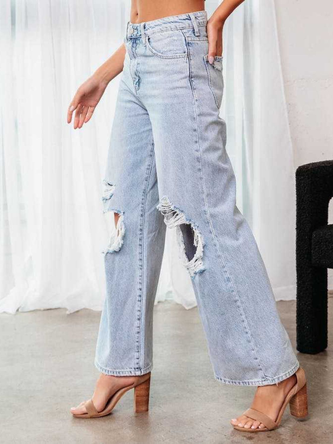 Distressed Wide Leg Jeans with Pockets - Body By J'ne