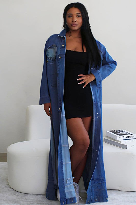 Casual Denim Slit Open Long Denim Jacket - Body By J'ne