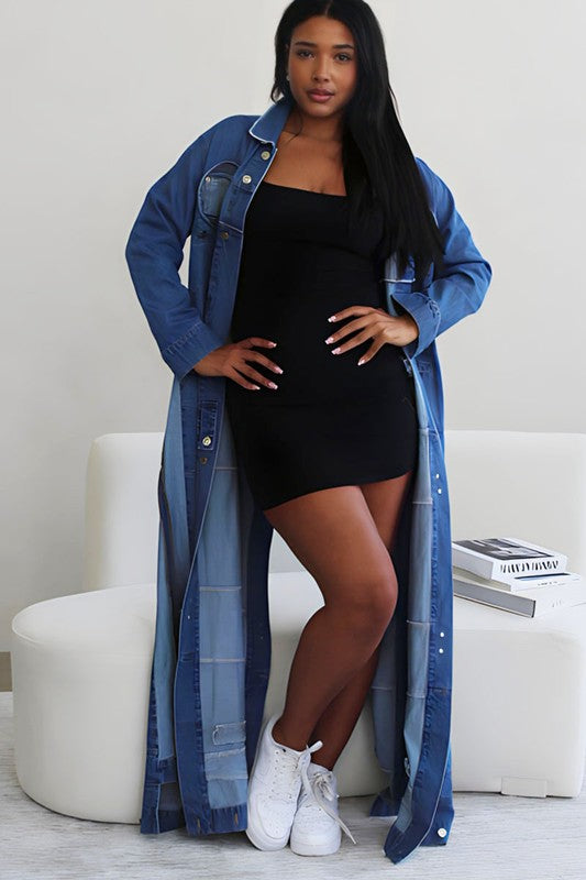 Casual Denim Slit Open Long Denim Jacket - Body By J'ne