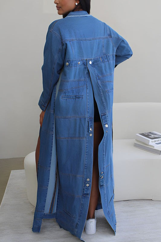 Casual Denim Slit Open Long Denim Jacket - Body By J'ne