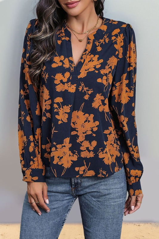 Perfee Printed Notched Long Sleeve Blouse - Body By J'ne