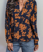 Perfee Printed Notched Long Sleeve Blouse