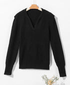 Solid Color Notched Long Sleeve Sweater