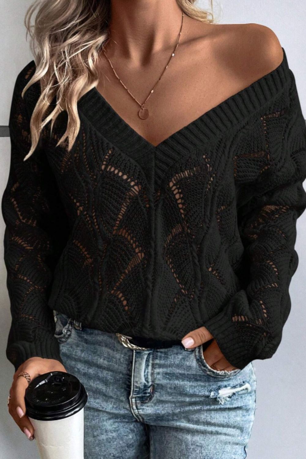 Openwork V-Neck Long Sleeve Sweater - Body By J'ne