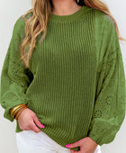 Eyelet Round Neck Drop Shoulder Sweater