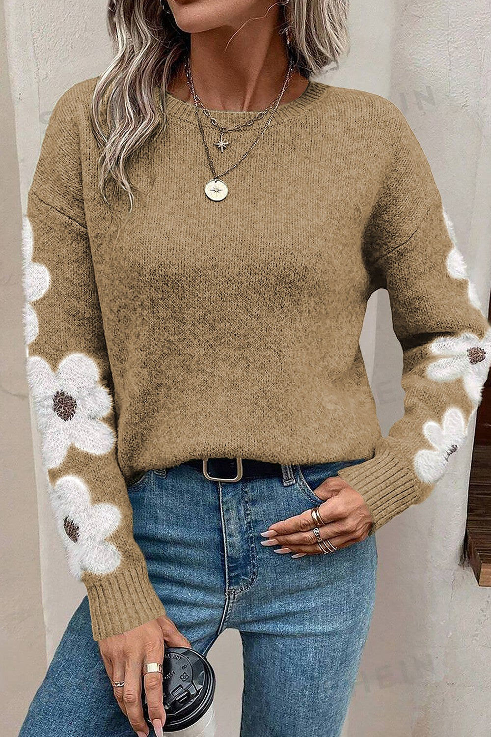 Flower Round Neck Long Sleeve Sweater - Body By J'ne