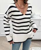 Striped V-Neck Long Sleeve Knit Top