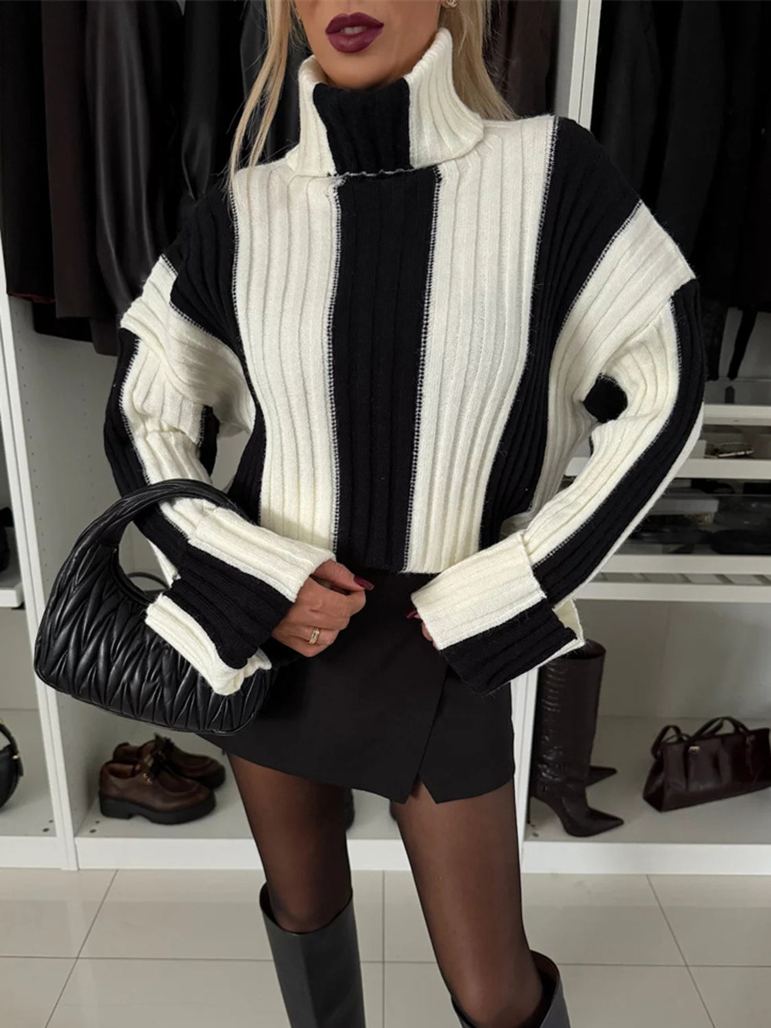 Striped Turtleneck Dropped Shoulder Sweater - Body By J'ne