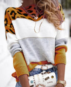 Leopard Color Block Round Neck Long Sleeve Sweater