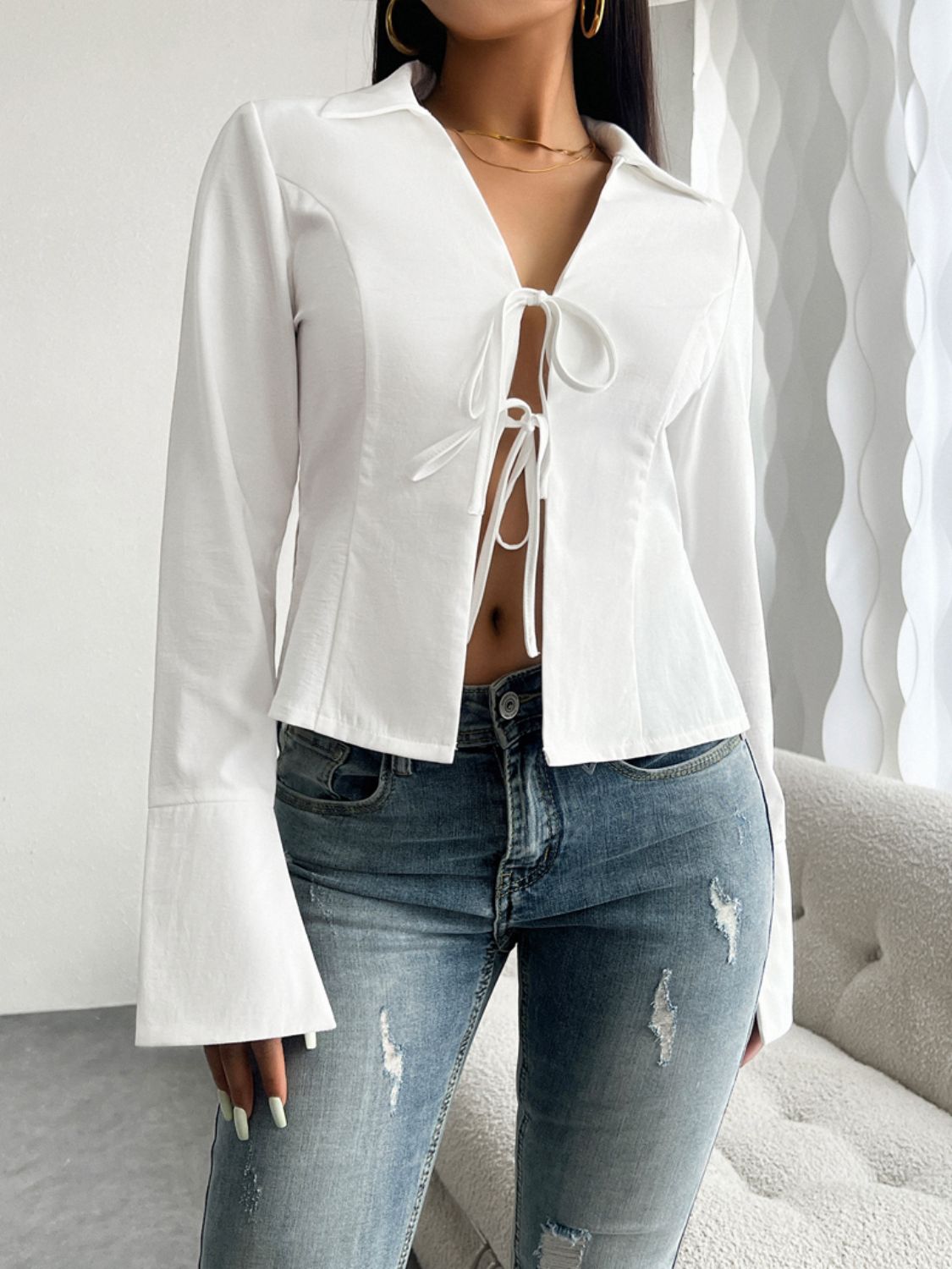 Devine Slit Tied Collared Neck Long Sleeve Blouse - Body By J'ne