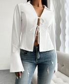 Devine Slit Tied Collared Neck Long Sleeve Blouse