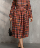 Plus Size Plaid Round Neck Long Sleeve Midi Dress