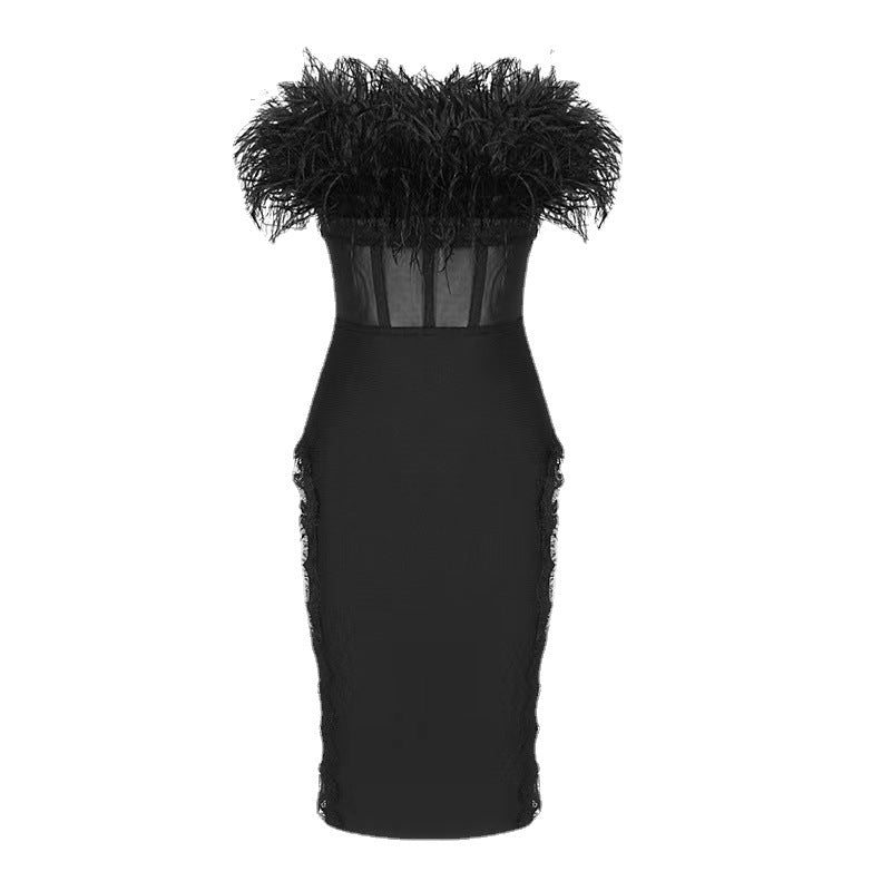 Feather Top and Mesh Lace Bandage Dress - Body By J'ne