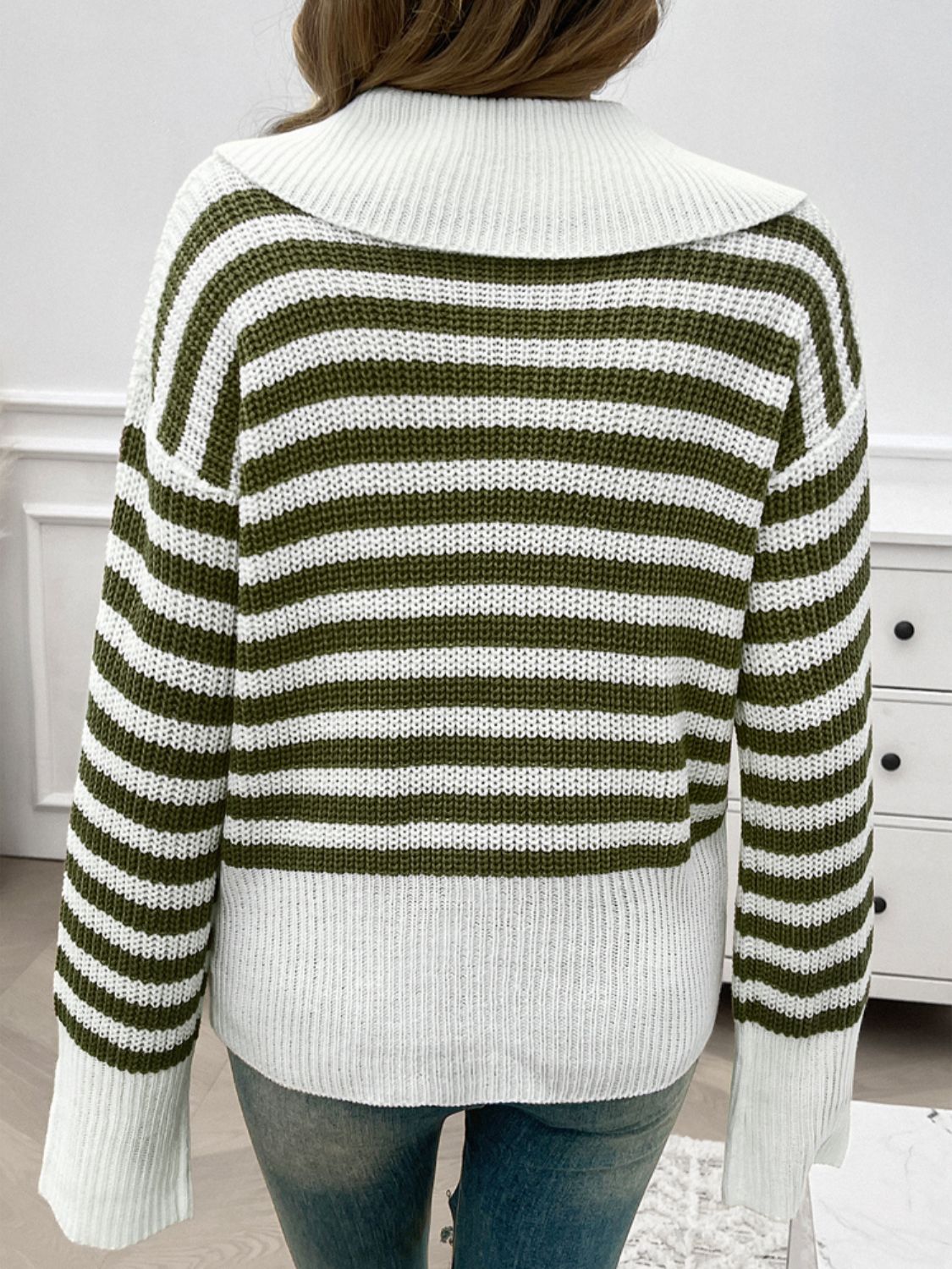 Devine Striped Collared Neck Long Sleeve Sweater