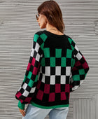 Checkered V-Neck Lantern Sleeve Sweater - Body By J'ne