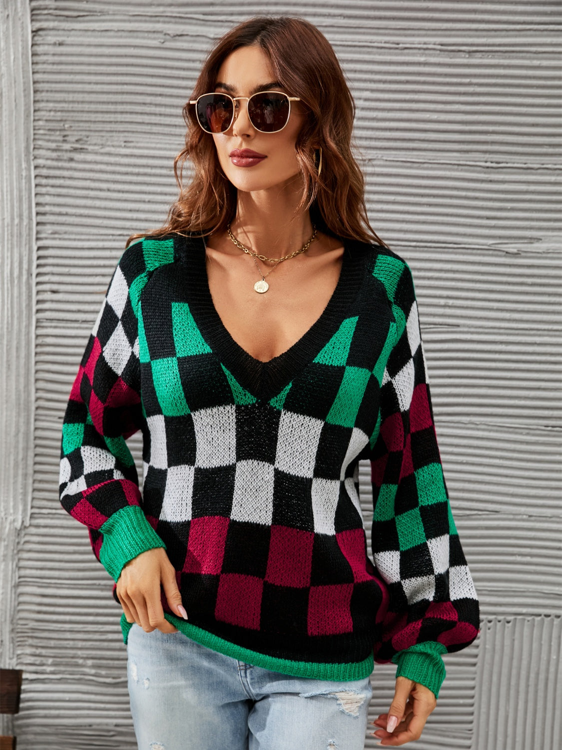 Checkered V-Neck Lantern Sleeve Sweater - Body By J'ne