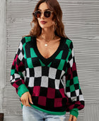 Checkered V-Neck Lantern Sleeve Sweater - Body By J'ne