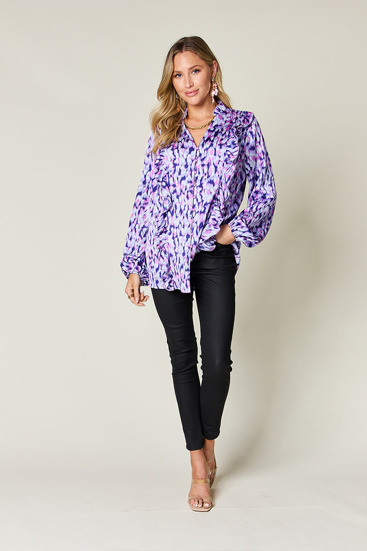 Full Size Printed Ruffle Trim Balloon Sleeve Shirt - Body By J'ne