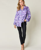 Full Size Printed Ruffle Trim Balloon Sleeve Shirt - Body By J'ne