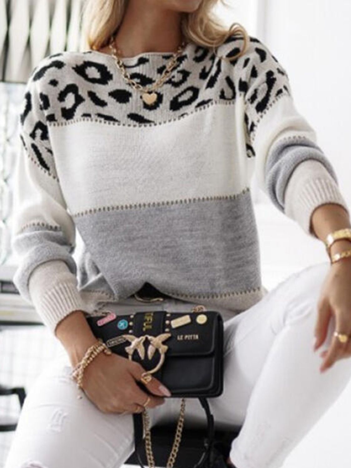 Leopard Color Block Round Neck Long Sleeve Sweater - Body By J'ne