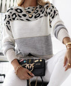 Leopard Color Block Round Neck Long Sleeve Sweater