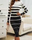 Color Block Round Neck Long Sleeve Midi Dress