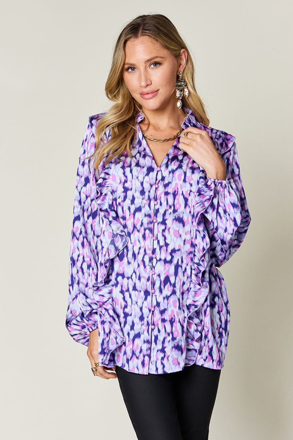 Full Size Printed Ruffle Trim Balloon Sleeve Shirt - Body By J'ne
