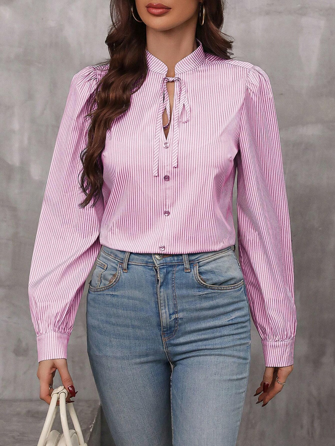 Striped Tie Neck Long Sleeve Blouse - Body By J'ne