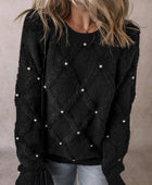 Pearl Detail Round Neck Long Sleeve Sweater