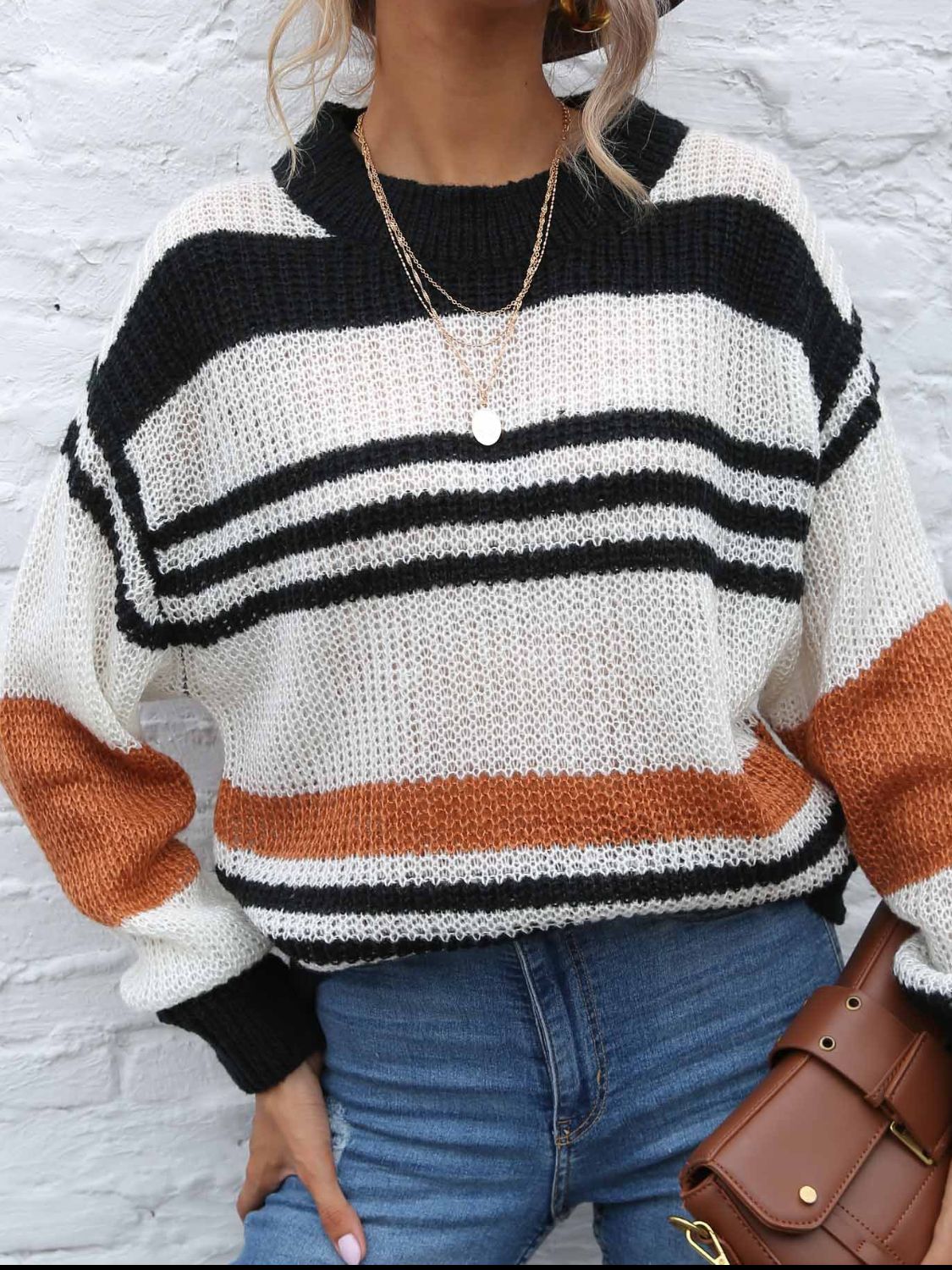 Contrast Striped Round Neck Long Sleeve Sweater - Body By J'ne